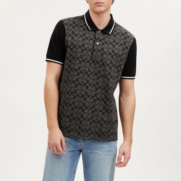 Coach Black Patterned Men's Polo Shirt style CO816 R8E charcoal signature XL - Picture 2 of 4